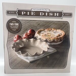 Stoneware Pie Dish 2 Beige Gray Pans 10.5" With Ruffled Edges Set Glazed‎ Finish